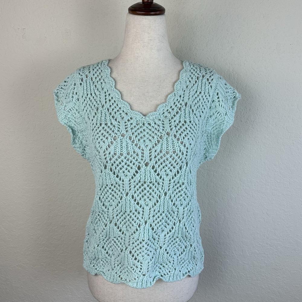 Elan L Crochet Top Knit Light Blue Cottage Coastal Granddaughter Short Sleeve